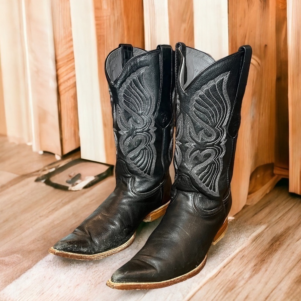 Los Altos Black Leather Cowboy Pointed Toe Boots Rockabilly Western Stitches